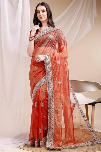orange color banarasi crush fabric ethnic embroidered partywear saree