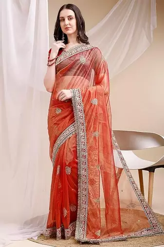 orange color banarasi crush fabric ethnic embroidered partywear saree