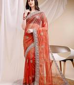 orange color banarasi crush fabric ethnic embroidered partywear saree