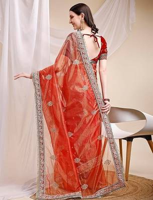 orange faux banarasi crush ethnic embroidered partywear saree 2