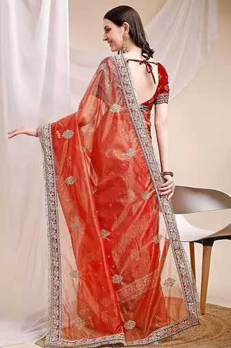 orange faux banarasi crush ethnic embroidered partywear saree