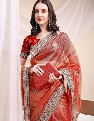 orange faux banarasi crush ethnic embroidered partywear saree 3