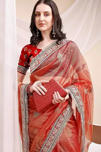 orange faux banarasi crush ethnic embroidered partywear saree