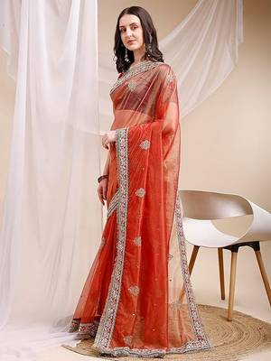 orange faux banarasi crush ethnic embroidered partywear saree 4