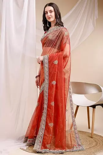 orange faux banarasi crush ethnic embroidered partywear saree