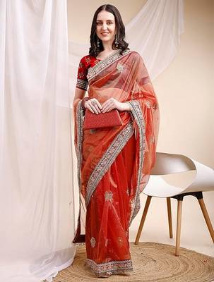 orange faux banarasi crush ethnic embroidered partywear saree 5