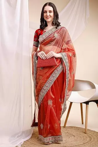 orange faux banarasi crush ethnic embroidered partywear saree