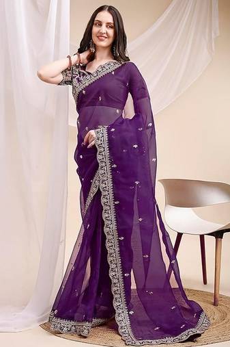 purple color organza fabric ethnic embroidered partywear saree