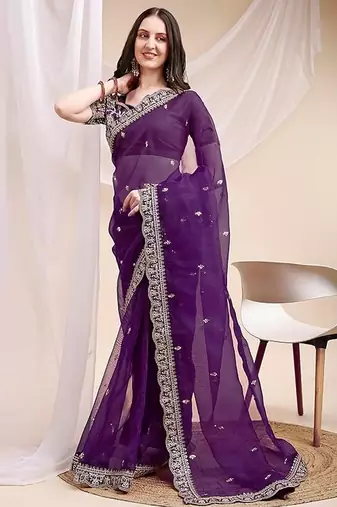 purple color organza fabric ethnic embroidered partywear saree