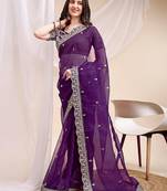 purple color organza fabric ethnic embroidered partywear saree