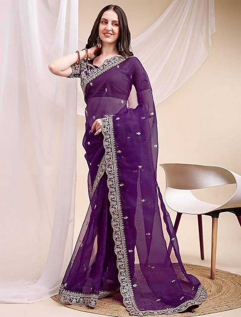 purple color organza fabric ethnic embroidered partywear saree