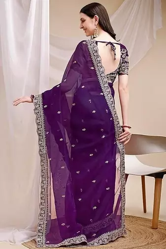 purple organza ethnic embroidered partywear saree