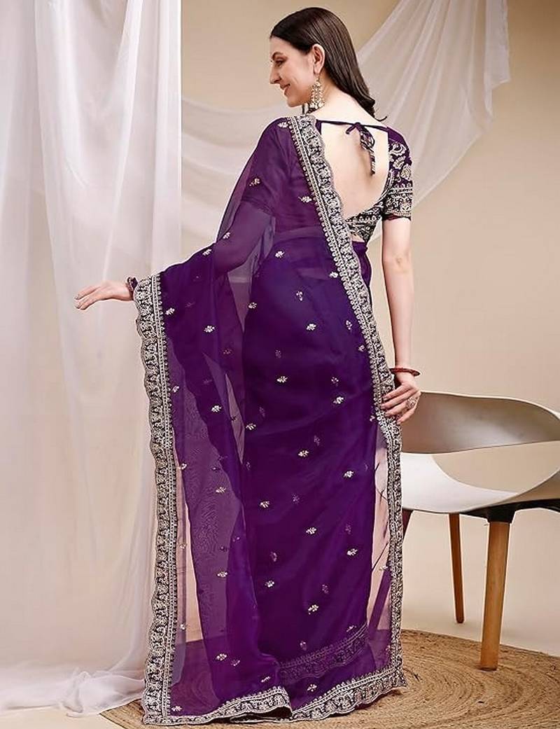 purple color organza fabric ethnic embroidered partywear saree