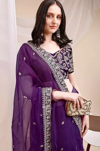 purple organza ethnic embroidered partywear saree