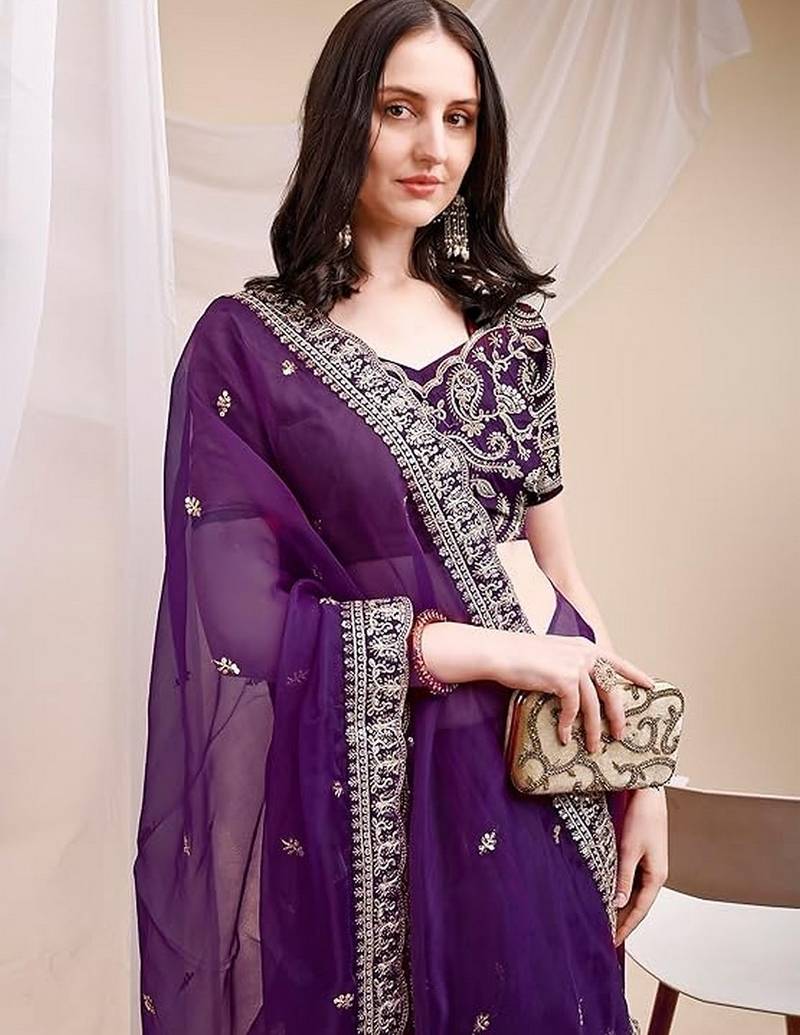 purple color organza fabric ethnic embroidered partywear saree