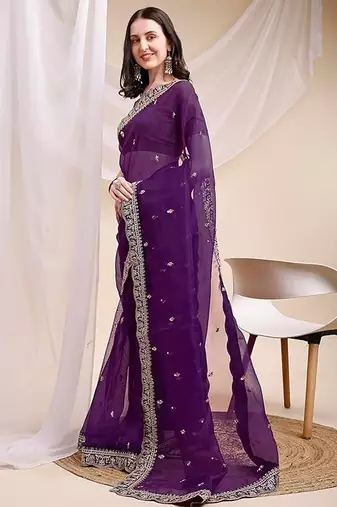 purple organza ethnic embroidered partywear saree