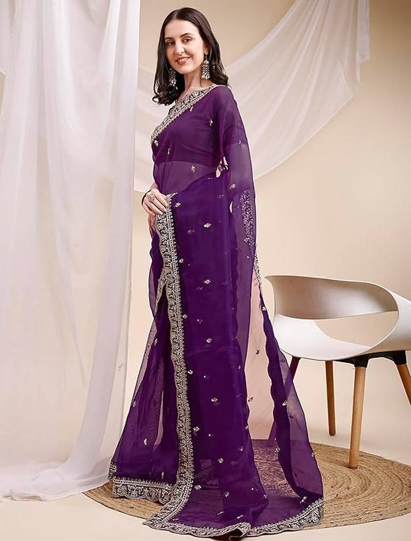 purple color organza fabric ethnic embroidered partywear saree