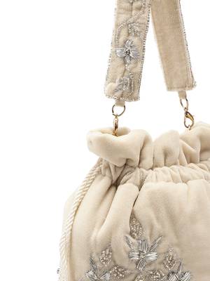 dewdrop fringe ecru & ivory floral zari embroidered velvet potli 7