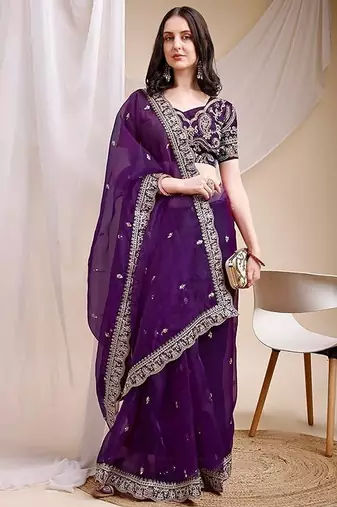 purple organza ethnic embroidered partywear saree