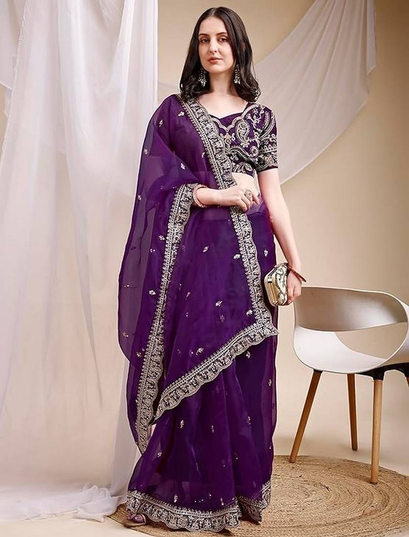 purple color organza fabric ethnic embroidered partywear saree