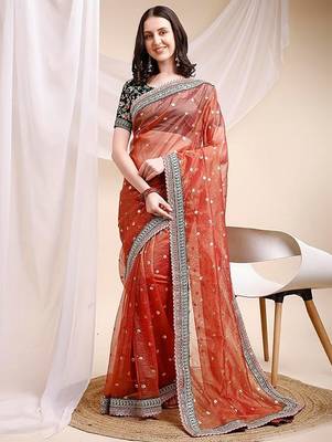 orange faux banarasi crush ethnic embroidered partywear saree 1