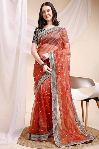 orange color banarasi crush fabric ethnic embroidered partywear saree