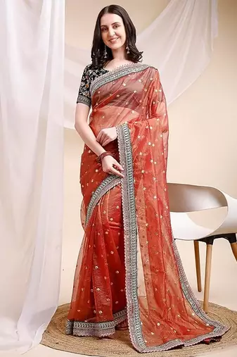 orange color banarasi crush fabric ethnic embroidered partywear saree