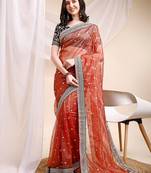 orange color banarasi crush fabric ethnic embroidered partywear saree