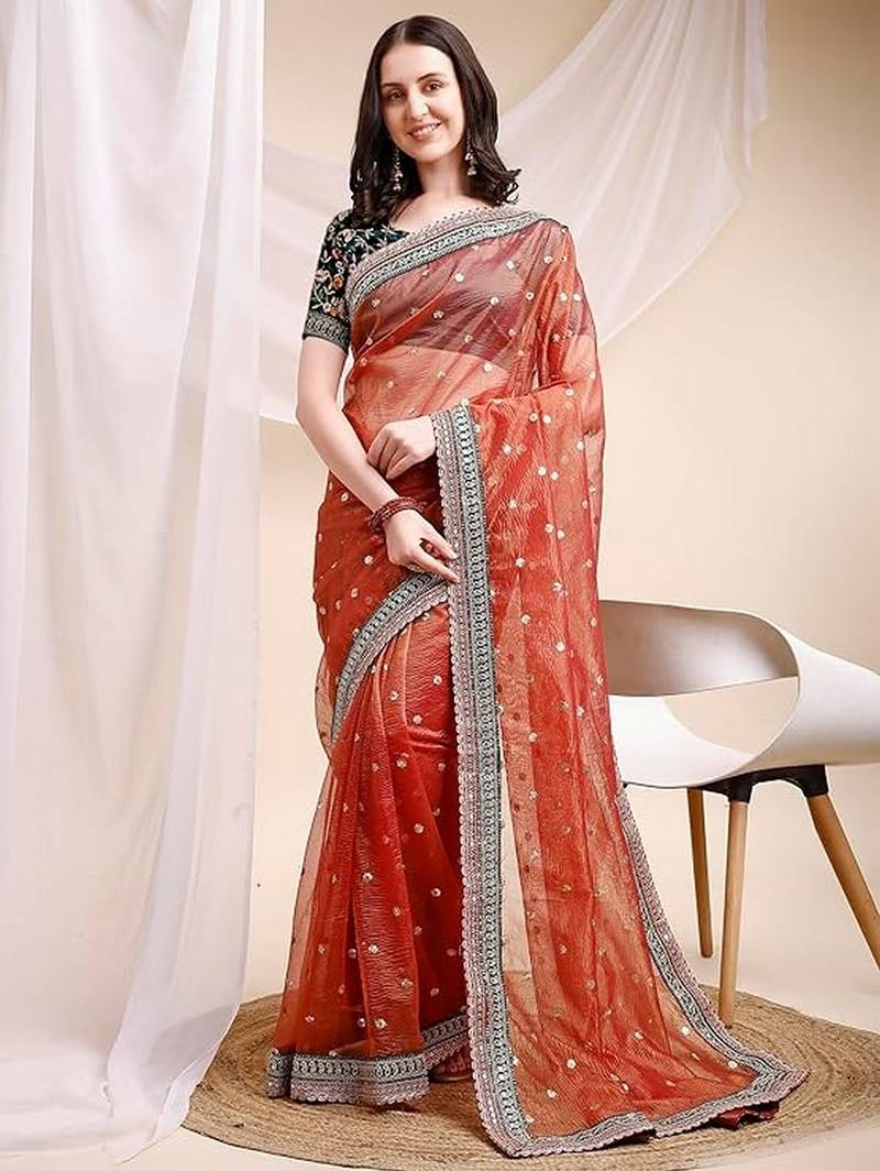 orange color banarasi crush fabric ethnic embroidered partywear saree