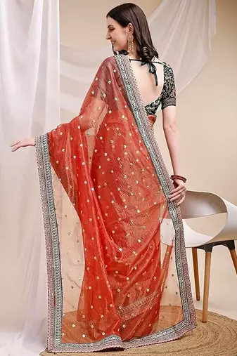 orange faux banarasi crush ethnic embroidered partywear saree