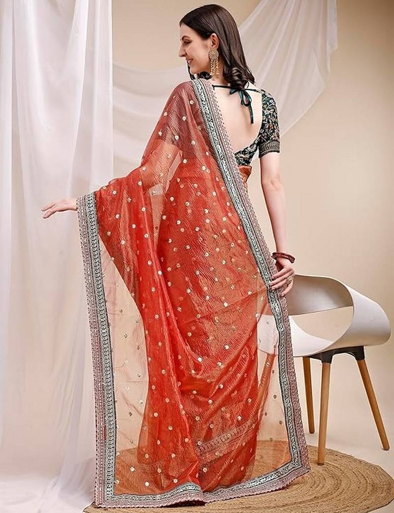 orange color banarasi crush fabric ethnic embroidered partywear saree