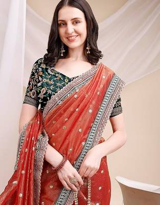 orange faux banarasi crush ethnic embroidered partywear saree 3