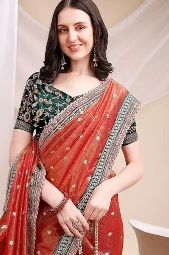 orange faux banarasi crush ethnic embroidered partywear saree