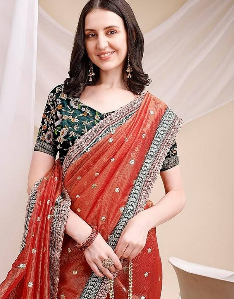 orange color banarasi crush fabric ethnic embroidered partywear saree