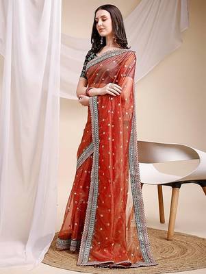 orange faux banarasi crush ethnic embroidered partywear saree 4