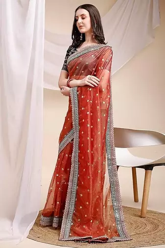 orange faux banarasi crush ethnic embroidered partywear saree