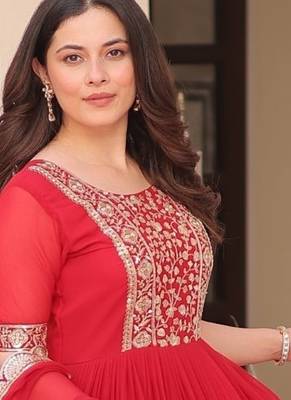 Red Faux Blooming Gown with Dupatta & Zari Sequin Embroidery | Fully Stitched Festive & Partywear Gown for Women 1