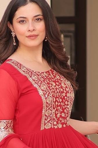 Red Faux Blooming Gown with Dupatta & Zari Sequin Embroidery | Fully Stitched Festive & Partywear Gown for Women
