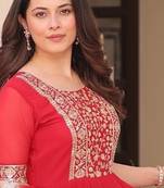 Red Faux Blooming Gown with Dupatta & Zari Sequin Embroidery | Fully Stitched Festive & Partywear Gown for Women