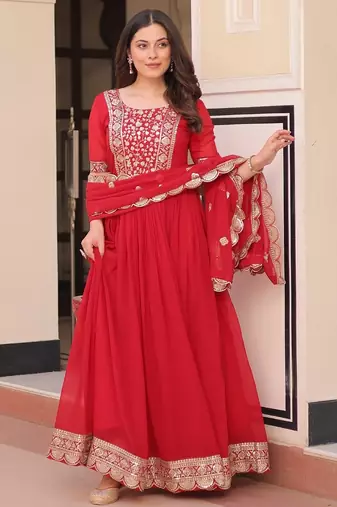Red Faux Blooming Gown with Dupatta & Zari Sequin Embroidery | Fully Stitched Festive & Partywear Gown for Women
