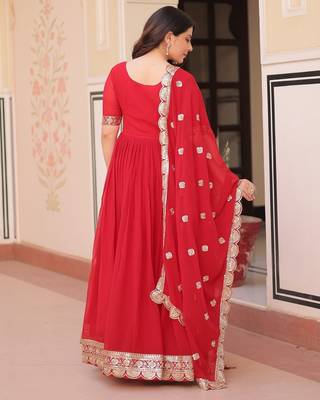 Red Faux Blooming Gown with Dupatta & Zari Sequin Embroidery | Fully Stitched Festive & Partywear Gown for Women 4