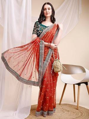 orange faux banarasi crush ethnic embroidered partywear saree 5