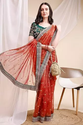 orange faux banarasi crush ethnic embroidered partywear saree
