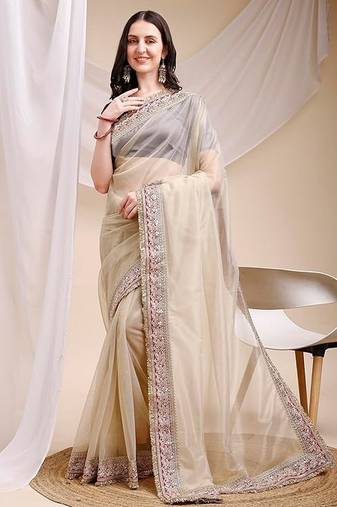 beige color space silk blend fabric ethnic embroidered partywear saree