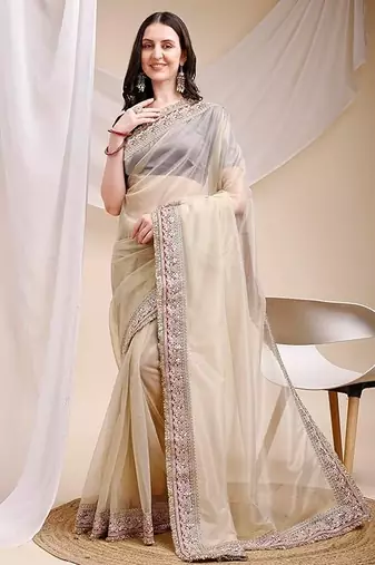 beige color space silk blend fabric ethnic embroidered partywear saree