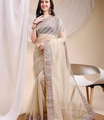 beige color space silk blend fabric ethnic embroidered partywear saree