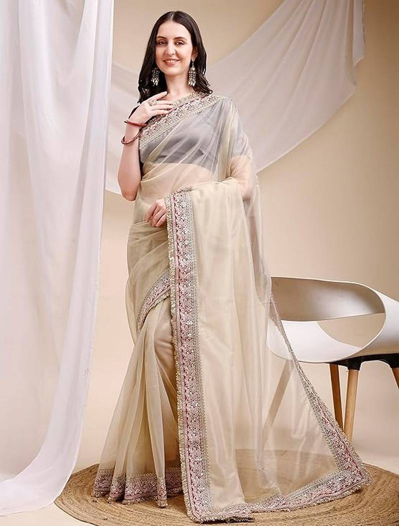 beige color space silk blend fabric ethnic embroidered partywear saree