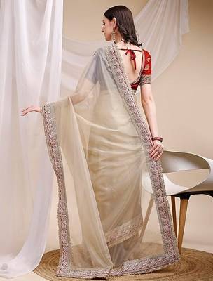 beige space silk blend ethnic embroidered partywear saree 2