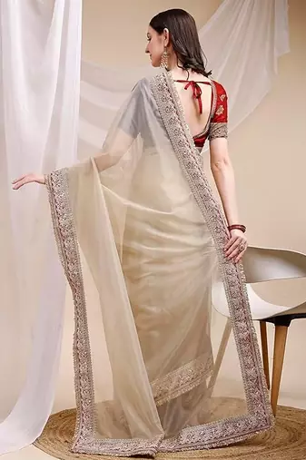 beige space silk blend ethnic embroidered partywear saree