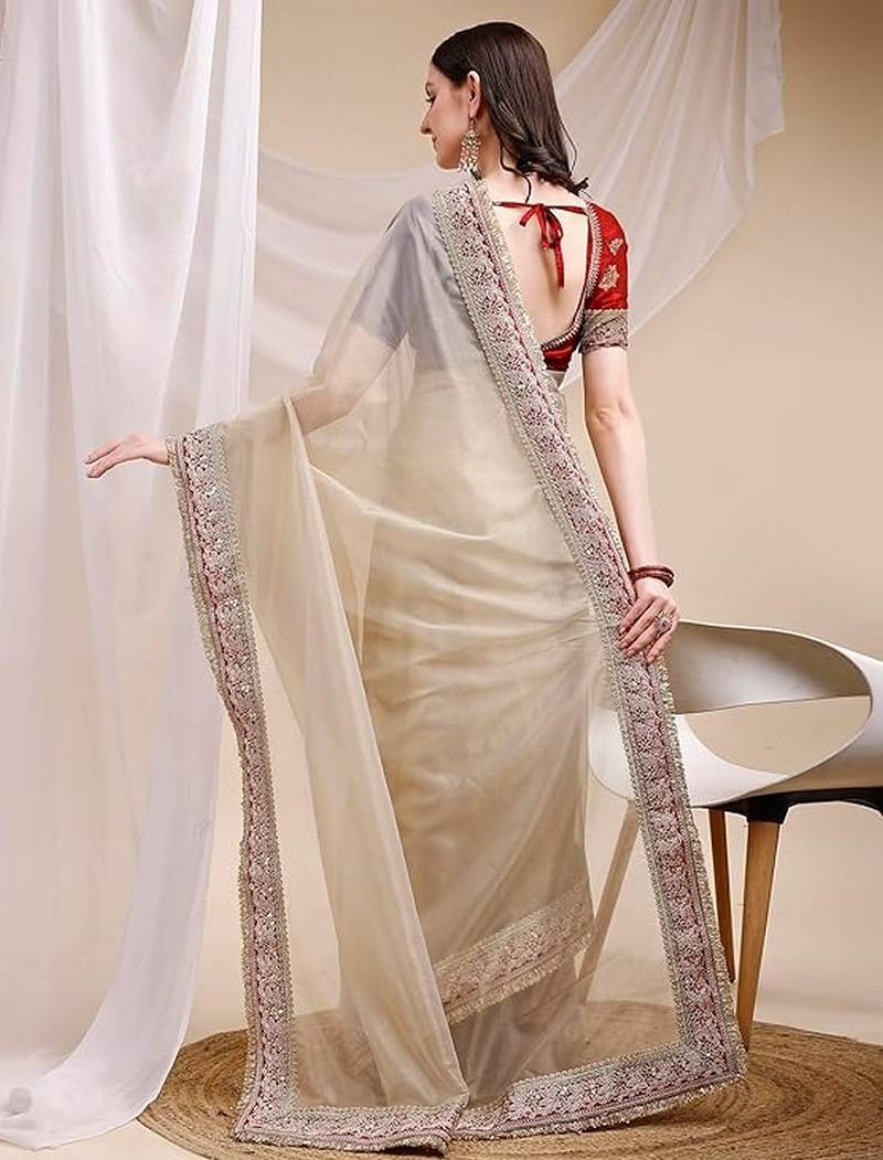 beige color space silk blend fabric ethnic embroidered partywear saree